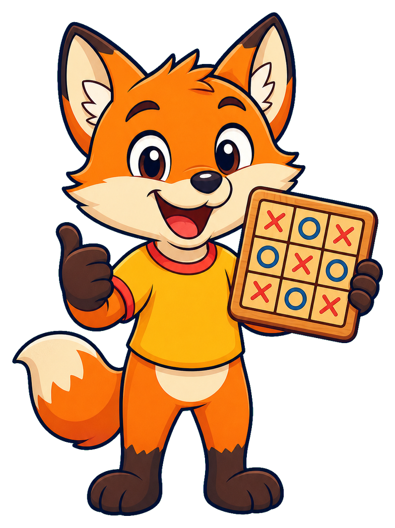 Foxy, the cheerful Tic Tac Toe mascot, giving a thumbs-up and holding a game board
